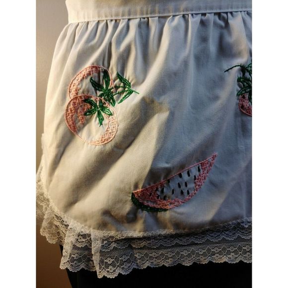 Vintage Other - Half Apron Waist Tie White Lace Embroidered Fruit